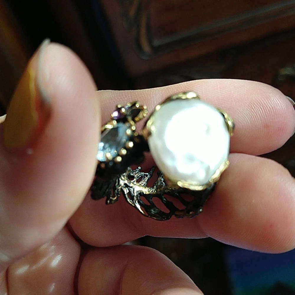 14k gold dipped 925 sterling silver oxidized coin pearl amethyst blue topaz ring - Picture 8 of 13